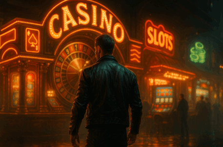 Hombre con chaqueta de cuero entrando a casino iluminado con letreros de tragamonedas y ruleta en Honduras 2025