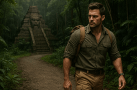 Explorador camina por selva hondureña hacia templo antiguo con forma de rostro tallado en búsqueda de tesoros y secretos del casino 2025