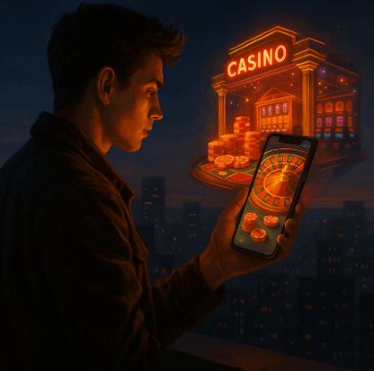 Pin Up Casino Honduras joven con celular mostrando ruleta y casino virtual con fichas y premios 2025